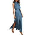 thumbnail image 2 of Prolriy Robes de Cocktail pour Femmes Été Longue Robe Formelle en Satin Col Montant Sans Manches Fente Latérale Robe Maxi Fluide Robes de Bal 2025 Robes pour Femmes Marine TG, 2 of 9