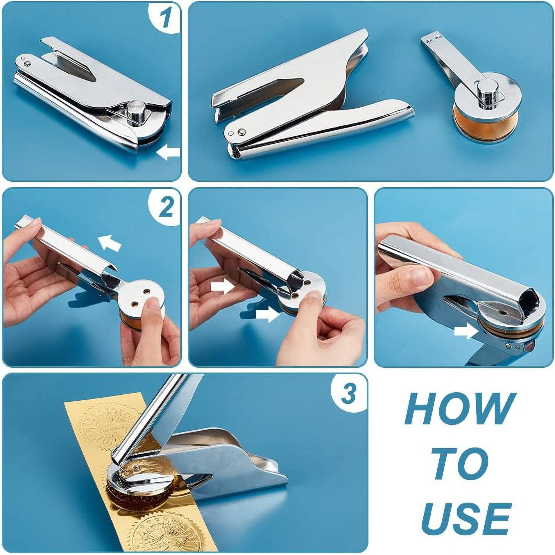 Book Embosser Personalized Stainless Steel Embosser Seal Embosser Personal Seal Embosser Hand-Held Embossing Stamp with 2pcs Blank Steel Disc for Library Books Envelopes Napkins