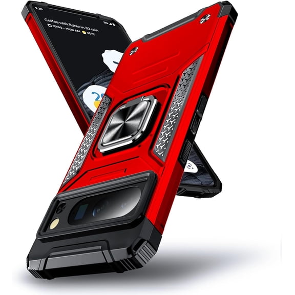 Pixel 8 Pro Case, Military Grade Shockproof Protective Phone Case Cover with Enhanced Metal Ring Kickstand [Support Magnet Mount] Compatible with Google Pixel 8 Pro 6.7'', Red