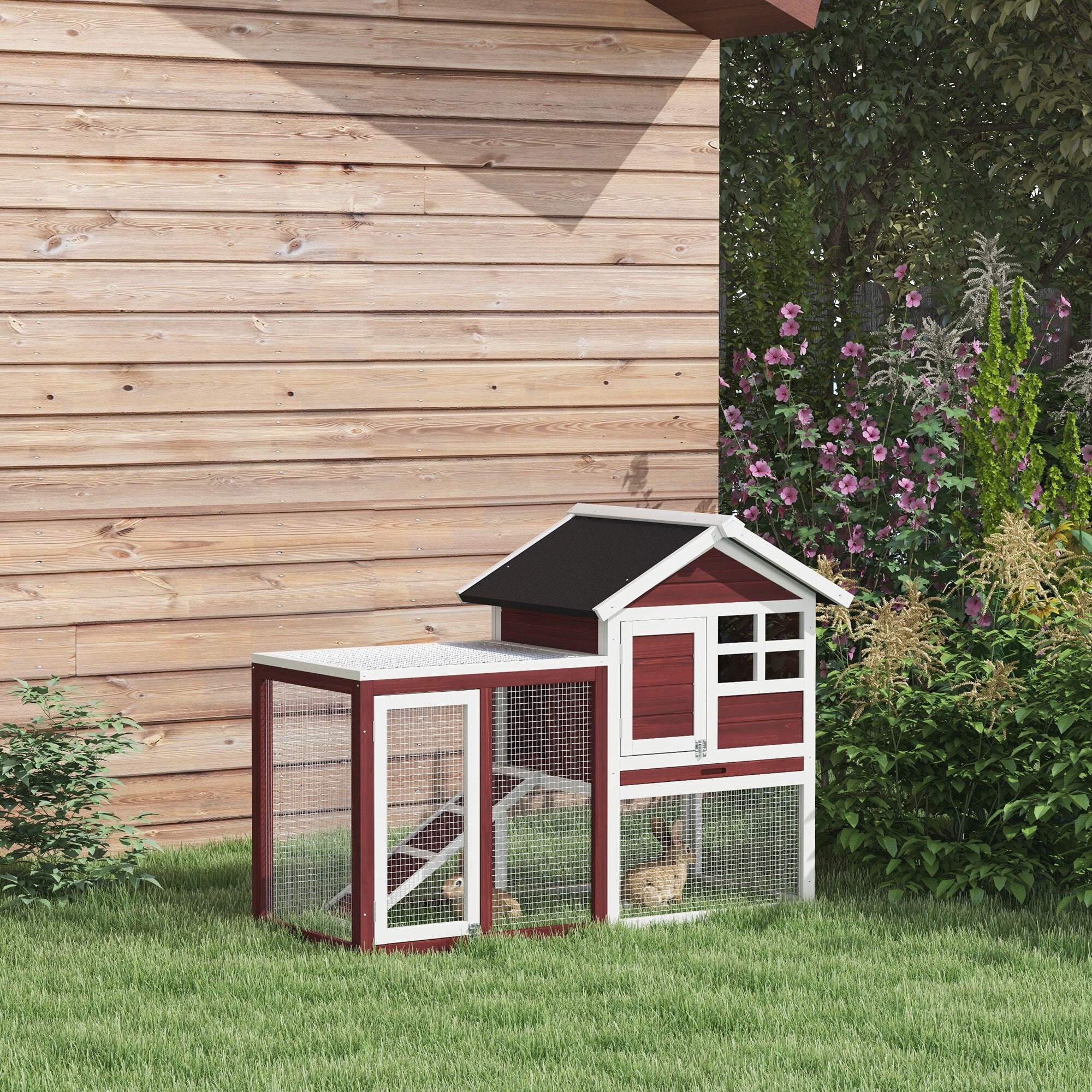 Dog Crate, PawHut 48" Wooden Rabbit Hutch Bunny Cage with Waterproof Asphalt Roof, Fun Outdoor Run, Removable Tray and Ramp, Brown, Brown+White Pet Playpen,Wood Chicken Coop