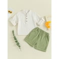 thumbnail image 2 of FEORJGP Toddler Boy Summer Cotton Linen Set Infant Long Sleeve T-shirt Solid Color Shirt Crew Neck Button Tops with Elastic Waist Shorts 2Pcs Outfit Loose Casual Clothes Set, 2 of 9