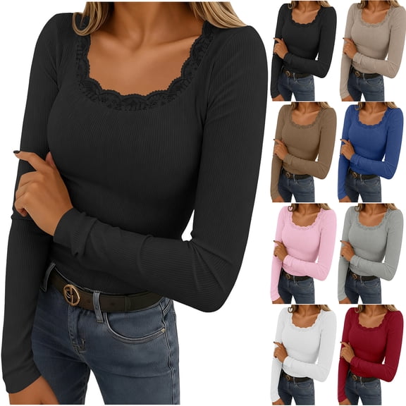 Otntypg Womens Long Sleeve Tops Casual Slim Fit T-Shirt Lace Crochet Patchwork Crew Neck Ribbed Knit Shirts Fall Spring Trendy Going Out Basic Tee Gray L