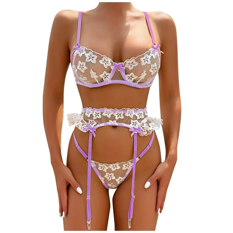BIZIZA Bridal Lingerie White Floral Two Piece Womens Ruffle Sexy Bra and  Panty Sets Mesh with Garter Nightgowns for Women Light Purple M 