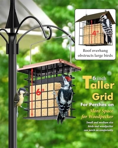 Double Suet Feeder- Metal Roof Bird Feeder with Taller Grid for Woodpeckers, Suet Cake Cage Bird Feeder for Outdoors Hanging,Easy-Clean & Refill,Metal Brushed Copper（Pack of 1）