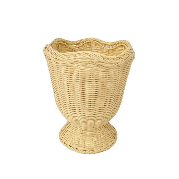 Urn-Goblet Woven Planter, 12.2" Rustic Woven Pedestal Basket, Handwoven Boho Wicker Basket, Scalloped Edge Wicker Planter for Home Decor & Storage - Earthy Yellow