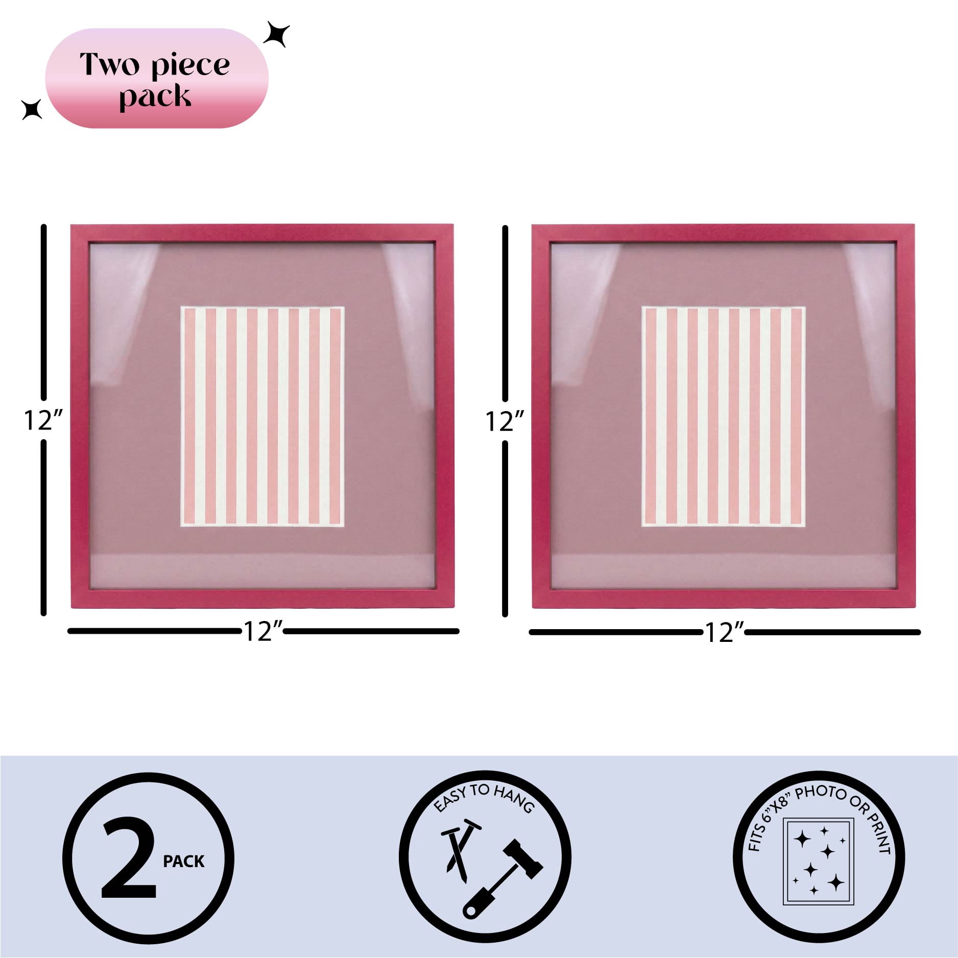 Urban Shop 12 x 12 Pink Wood Picture Frames, 2-Pack, Displays 6 x 8 Photo with Mat