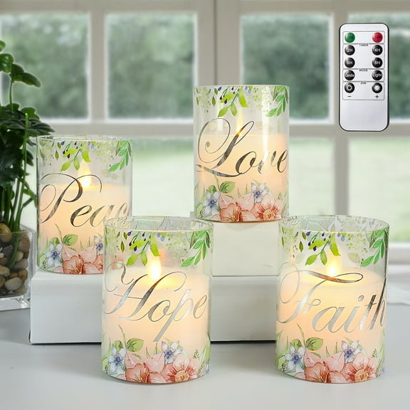 Meltone Pink Flameless Pillar Candles, Glass Led Candles Battery Operated with Remote / Timer, Set of 4 Candles Set for Woman Gifts, Mother's Day, Centerpiece Decor