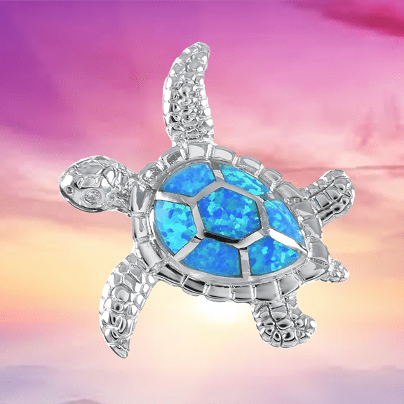 Beautiful Hawaiian Blue Opal Sea Turtle Necklace, Sterling Silver Blue Opal Turtle Pendant, N6022 Birthday Valentine Wife Mom Gift