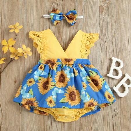 

Hunpta Sunflower Outfit Baby Romper Print Sleeveless Girl Set Jumpsuit+Headband Girls Outfits&Set