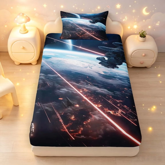 Manfei Cosmic Spaceships Twin Fitted Sheet,Celestial Planet Bedding,Blue Orange Black,2pcs
