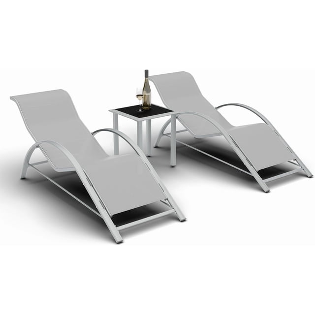 AKDSteel Ensemble de 3 Chaises Longues de Patio, Chaises de Piscine d'Extérieur Inclinables avec Dossiers Réglables, Chaises Longues en Osier avec Tables d'Appoint et Porte-Gobelets