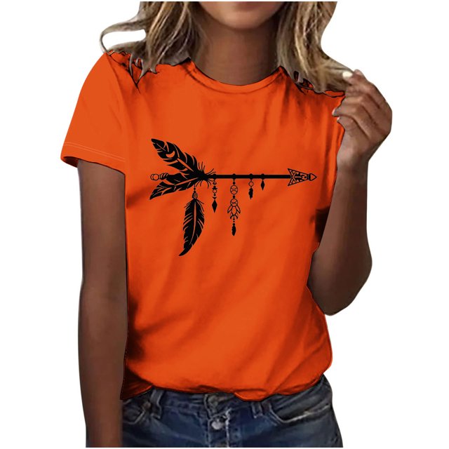 Dadaria Chemise Orange pour Femmes Hauts Manches Courtes T-Shirt Col Rond Attrape-Rêves d'Été Chandail Blouses L