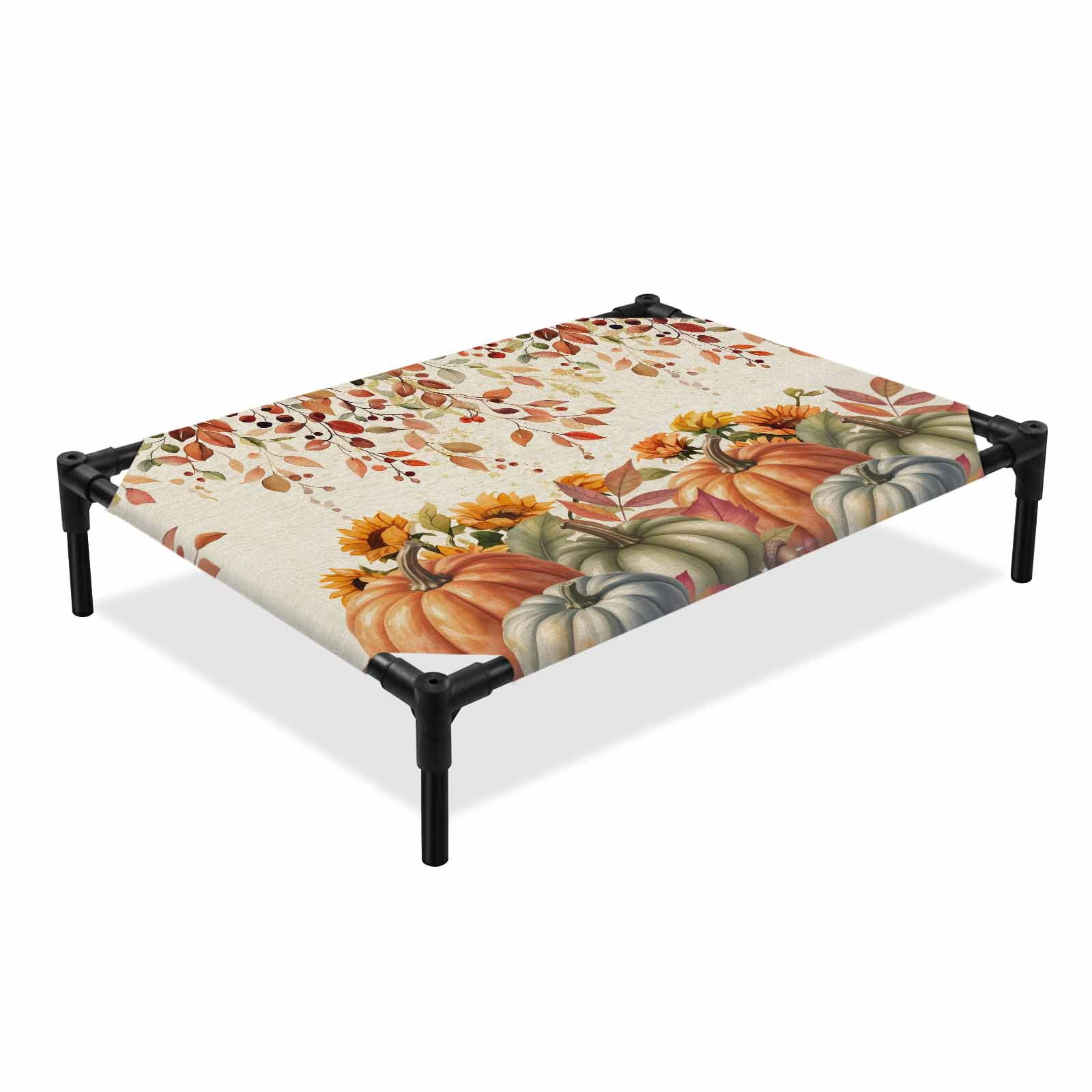 Fall Pumpkin Floral Elevated Dog Bed Watercolor Thanksgiving Cooling Breathable Outdoor Raised Dog Cot Bed with Metal Frame Non-Slip Feet for Medium Dog 24x20in