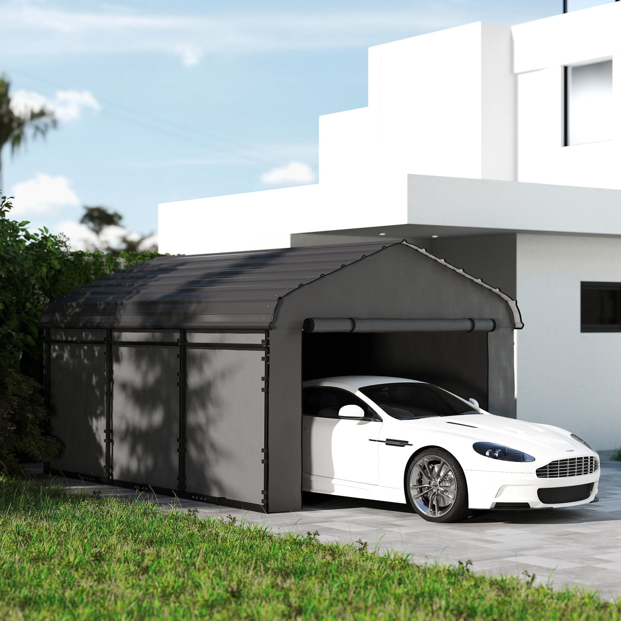 Outsunny 15' x 10' Heavy Duty Metal Carport, Waterproof Garage Canopy with Removable PE Sidewalls, Steel Frame Outdoor Vehicle Shelter for Driveway, RV, or Patio, Dark Gray