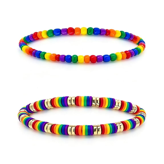 Unisex 2-Piece "Pride" Themed Bracelet Set – Rainbow Polymer Clay Bead Stretch Bracelets (Stackable Jewelry Gift)