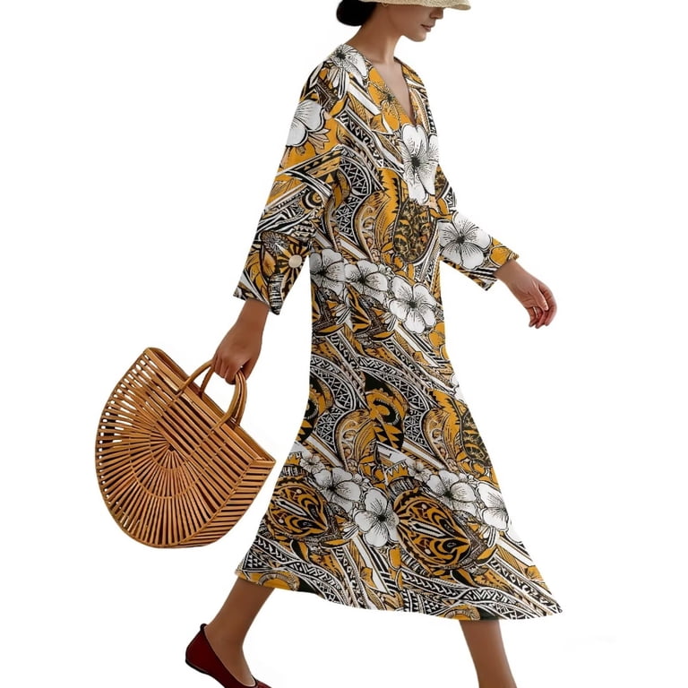 Xixirimido Hibiscus Flower Polynesian Tribal Print Women's Casual 3/4 Sleeve Midi Dress V Neck A-Line Loose Flowy Linen Dress Beach Travel Long