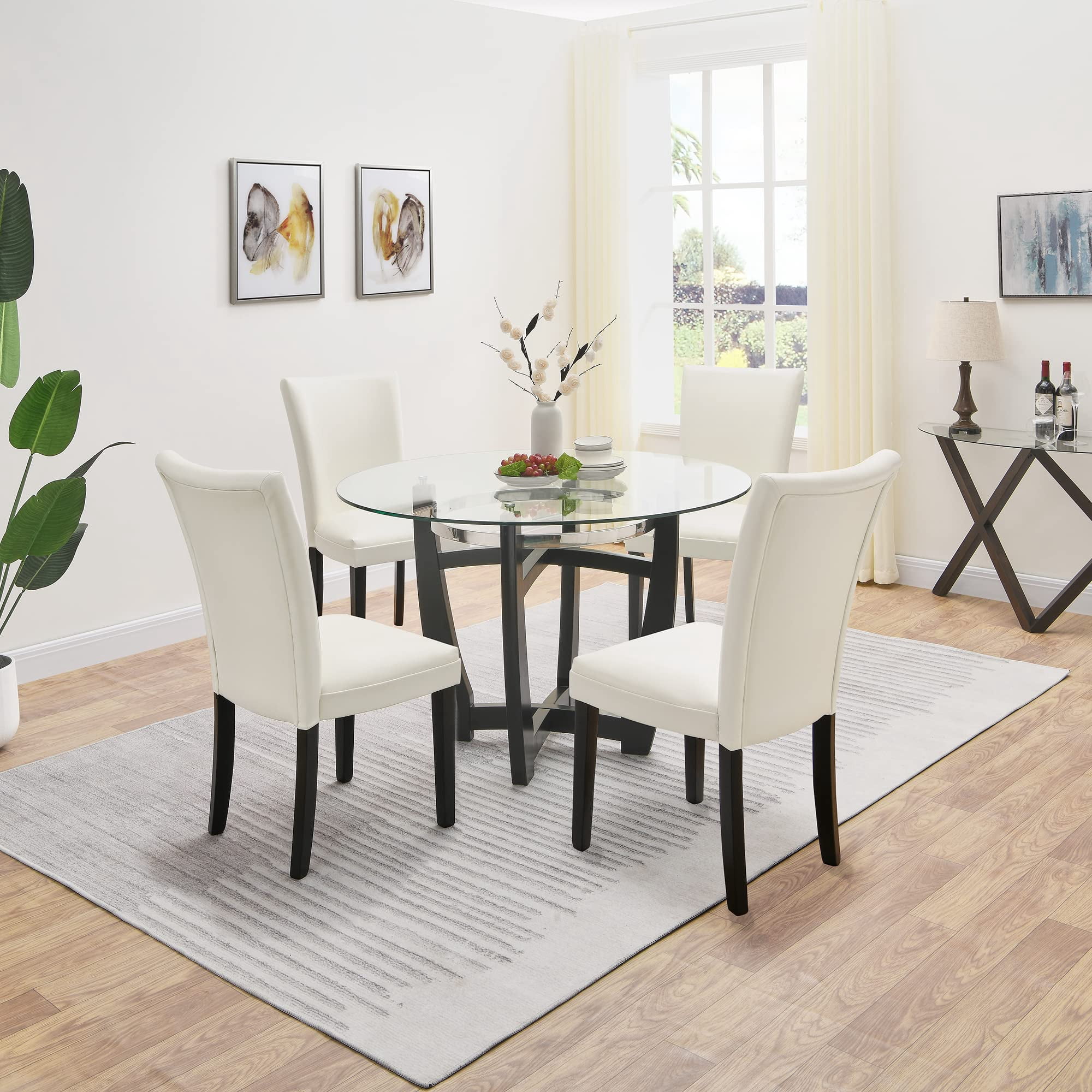 JESONVID Set of 6 Faux Leather Upholstered Parsons Dining Chair with High Backrest, Kitchen Accent Side Chairs with Solid Wood Legs Armless Dining Room Chair, Ivory White 1331WT
