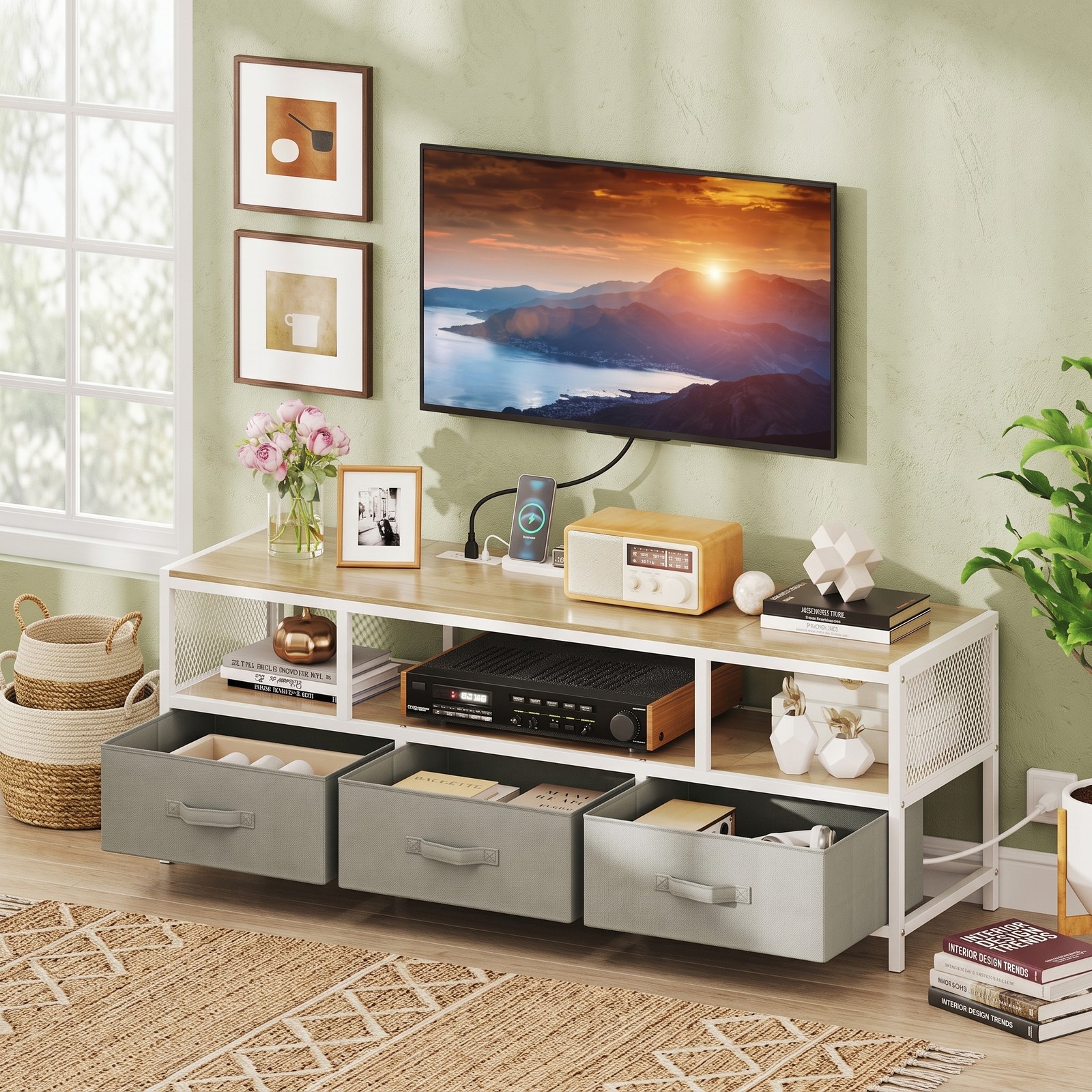Furnibear TV Stand for TVs up to 65 Inches, Entertainment Center with Power Outlets USB Type-C Charging Station, 3-Tier Media Console with 3 Fabric Drawers, Natural