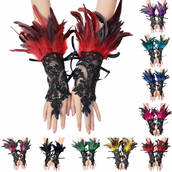 Ljudmp 2Pcs/Pair Womens Gothic Black Lace Feather Long Gloves for Women Evening Party Fashion Opera Costume Swan Wristband Cuff Black
