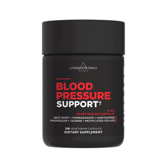 Livingood Daily Blood Pressure Support, Heart Health Supplement for Men & Women with Beet Root, Pomegranate, Hawthorn, Magnesium & Taurine, Cardiovascular Support Formula, Vegan, 120 Capsules