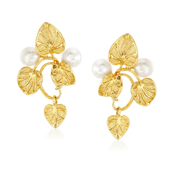 Ross-Simons Italian 6mm Cultured Pearl Vine Drop Earrings in 18kt Gold Over Sterling, Women's, Adult