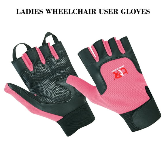 Women Ladies Wheelchair User Gloves Mobility Disability Fingerless Long Thumb Leather Palm Wheelchair Gloves Pink-XS