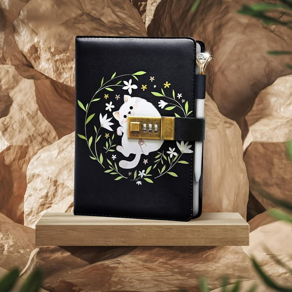 Cat Theme Diary With Pen, Journal Password Protected Notebook, Lock Diary,Black Jornal