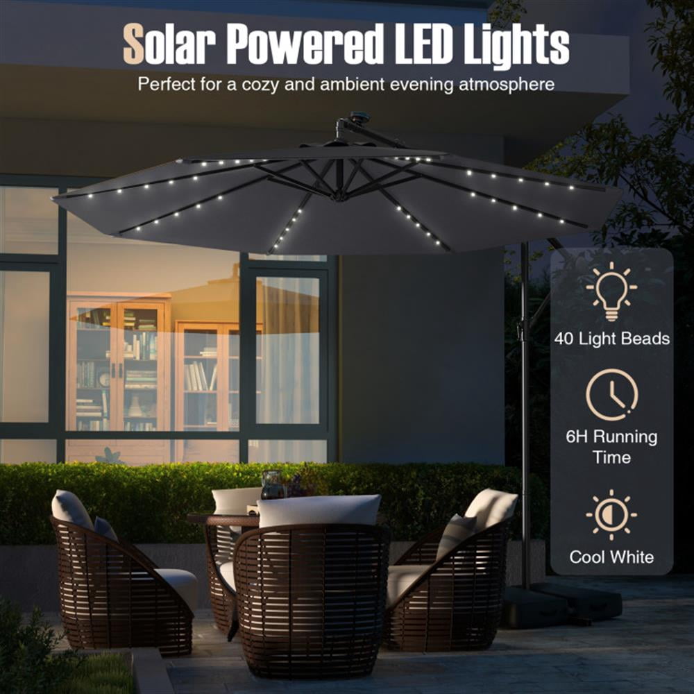Resenkos Outdoor Garden Umbrella,Market Umbrella,10 Ft Patio Umbrella Offset Cantilever Umbrella with 40 Solar Powered Lights-Gray