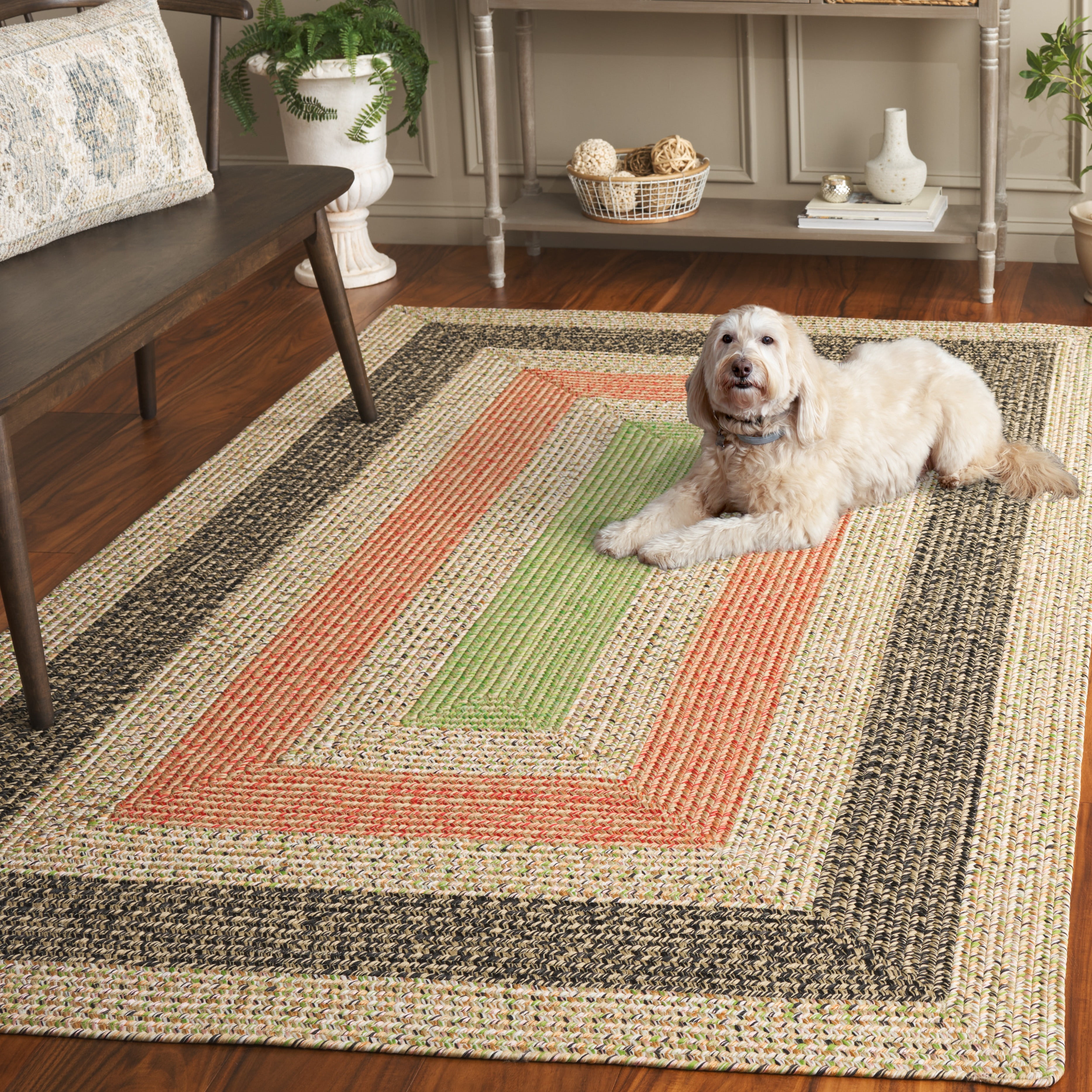 SAFAVIEH Braided Oswin Geometric Machine Washable Reversible Area Rug, Black/Light Green, 8' x 10'