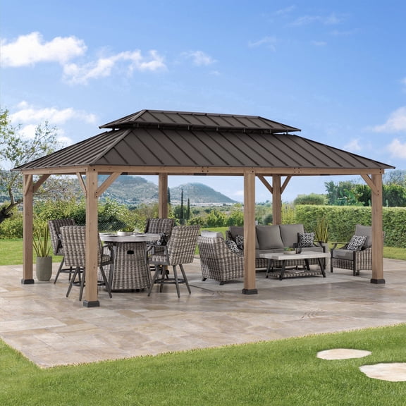Sunjoy 12x20 ft. Wood Gazebo, Outdoor Patio Steel Hardtop Gazebo, Cedar Framed Wooden Gazebo with 2-tier Metal Roof, Suitable for Patios, Lawn, and Backyard, Natural Wood Color
