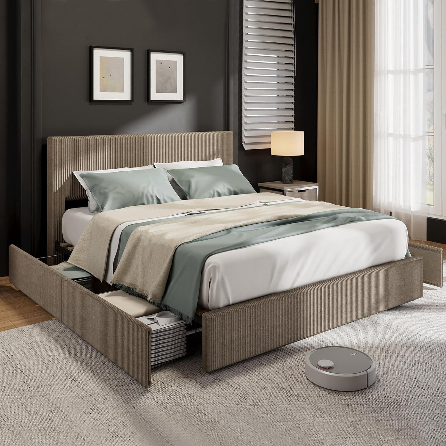 Queen Size Platform Bed Frame with 4 Storage Drawers, Upholstered Corduroy Channel Tufted Headboard Bed Frame with Strong Wooden Slat Support, No Box Spring Needed, Brown