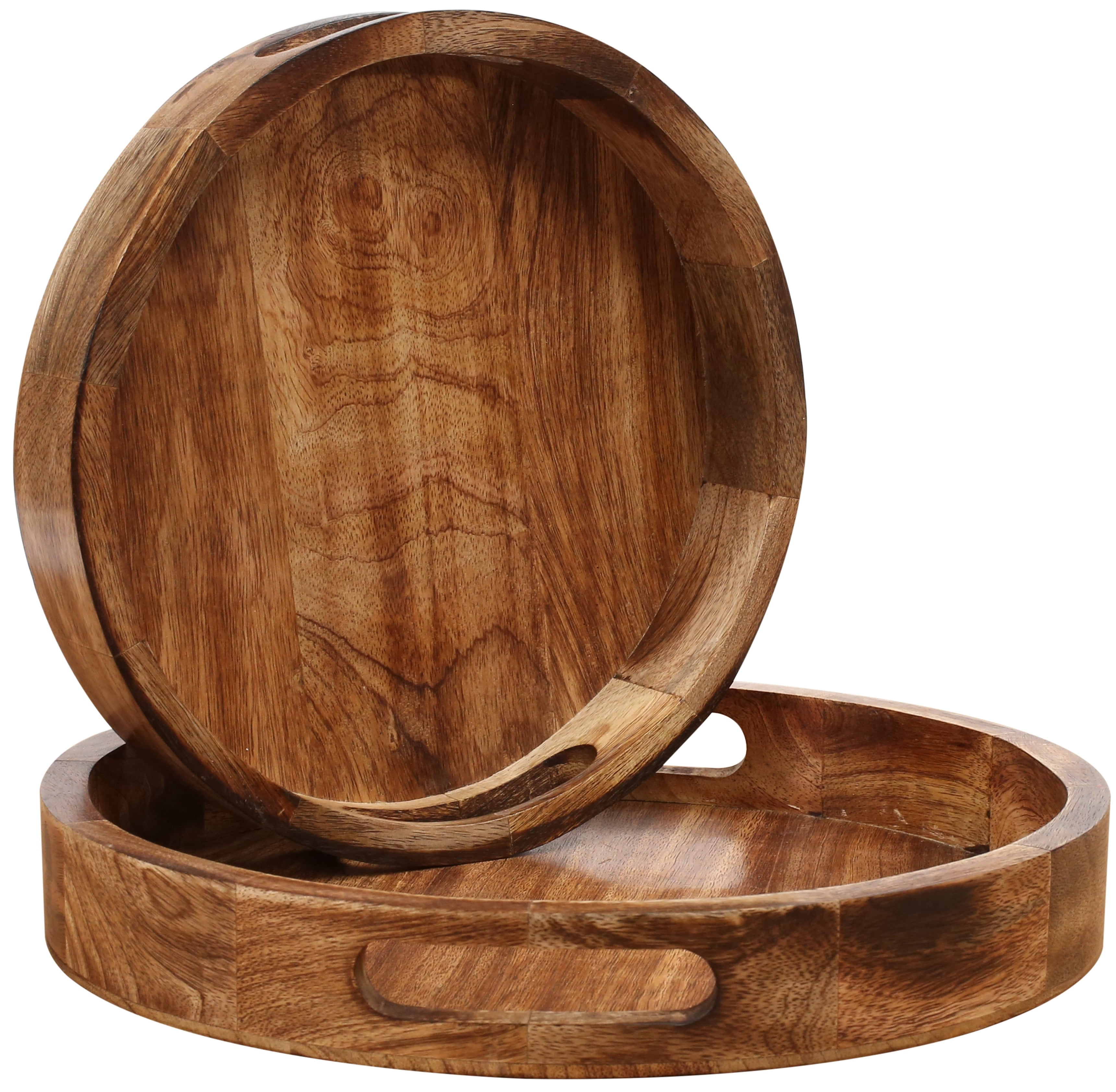 Bedding Craft Natural Burnt Round Wooden Serving Tray Set – Rustic Countertop Fruit Basket Organizer – Natural Wood Decorative Storage, Set of 2, 12x12x1.5 Inch