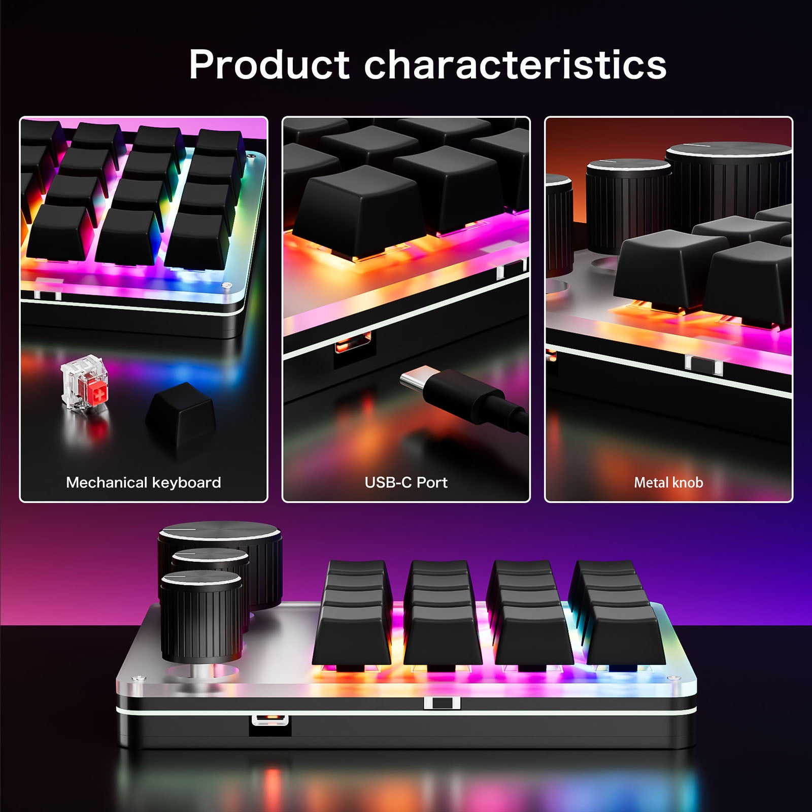 Single Handed USB C Macro Programmable Keypad 16-Key 3 Knobs Mechanical Gaming Keyboard for Versatility