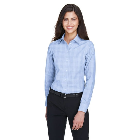 Devon & Jones DG520W Women's Crown Collection Glen Plaid Woven Dress Shirt-White/ Light French Blue/ French Blue-XL