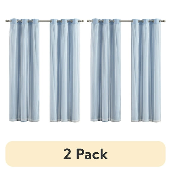 (2 pack) Your Zone Blue Blackout with Sheer Overlay Grommet Curtain Panel, 37" x 84"