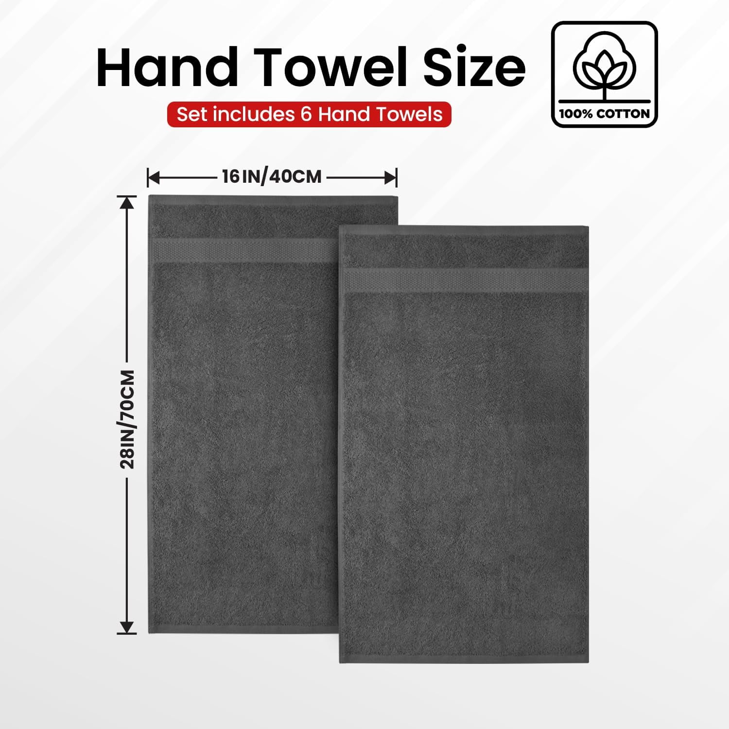 Infinitee Xclusives Premium Hand Towels - 100% Cotton - Dark Gray | 16x28 inches | Pack of 6