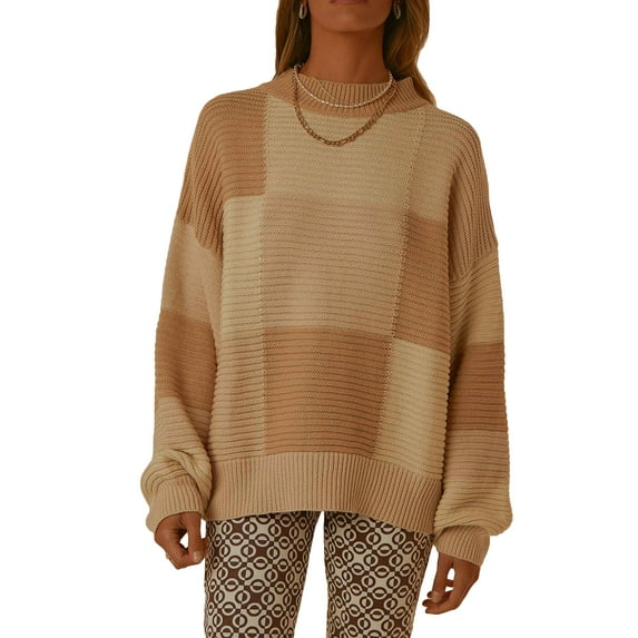 Liacowi Women Juniors Knitted Sweater Long Sleeve Patchwork Pullover Retro Jumpers Tops Fall Loose Knitwear for Teen