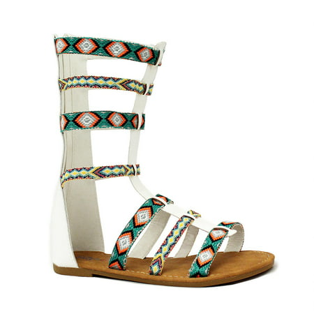 Girls Gladiator Sandals Strappy Flat Knee High Zip up Boots Shoes White