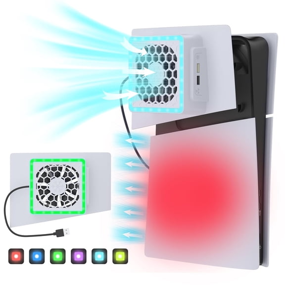 GAEKOL PS5 Slim Cooling Fan with PS5 Slim Plate Cover for Playstation 5, PS5 Slim Accessories with Adjustable Cooler Fan RGB LED Lights and 2 USB HUB for PS5 Slim Digital and Disc