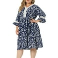 thumbnail image 2 of Unique Bargains Women's Plus Size 3/4 Sleeve Lace Hollow Ruffle Midi Flare Dresses 3X Navy Blue, 2 of 6
