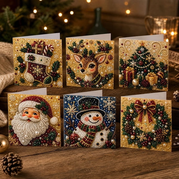 Christmas Diamond Painting Cards 6pcs, Golden Noel DIY Greeting Card Kit with Envelopes, Sparkling Pearl Diamond Art Christmas Cards, Handmade Holiday Cards for Gift Giving and Mailing