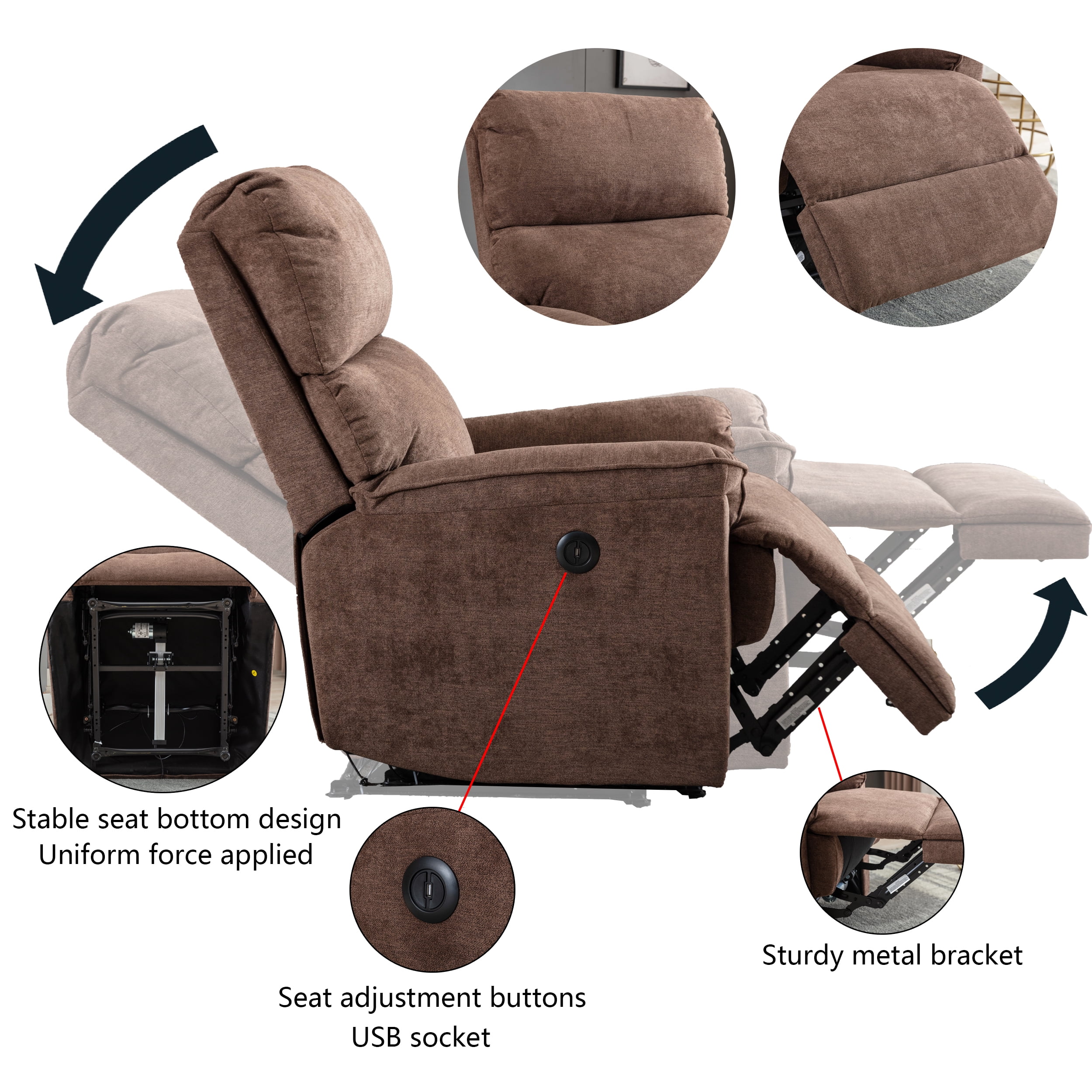 Bonzy Home Vintage Style Electric Recliner with USB Socket For Living Room and Bed Room, Brown