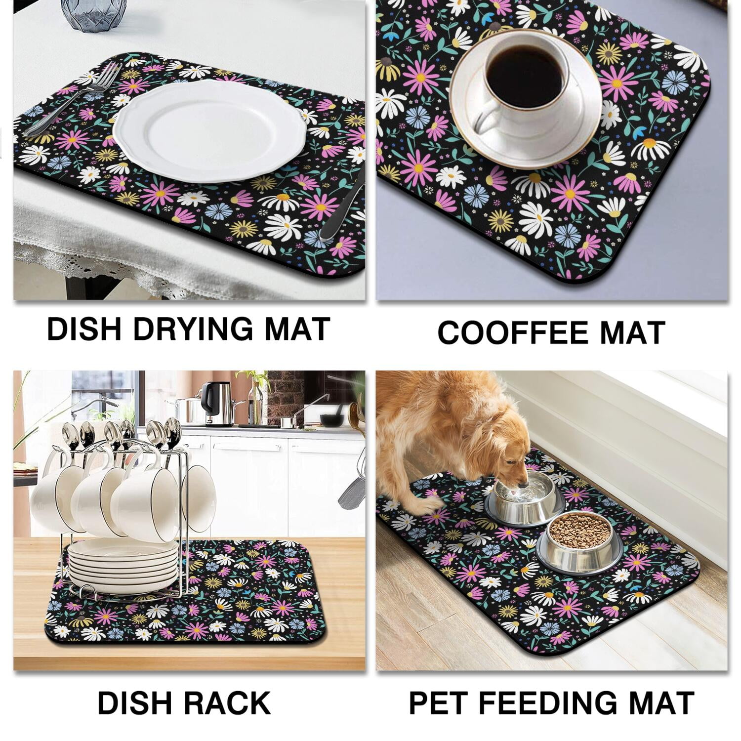 2 Pack Washable Rubber Daisy Cute Floral Dish Drying Mats for Kitchen Counter Home Large Coffee Bar Pad Accessories and Decor for Utensils Stemware (2pcs 18''x24''+19.5''x12'')