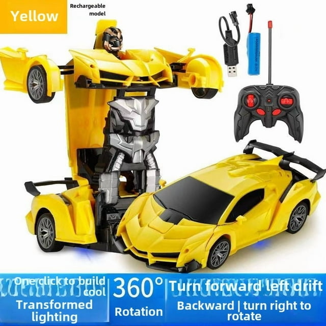 Voiture Robot Transformable Télécommandée 24cm pour Enfants de 4 à 6 Ans - Véhicule Jaune à une Touche avec Pile Lithium Rechargeable, Modèle en Plastique Durable pour le Développement Cognitif et la Coordination