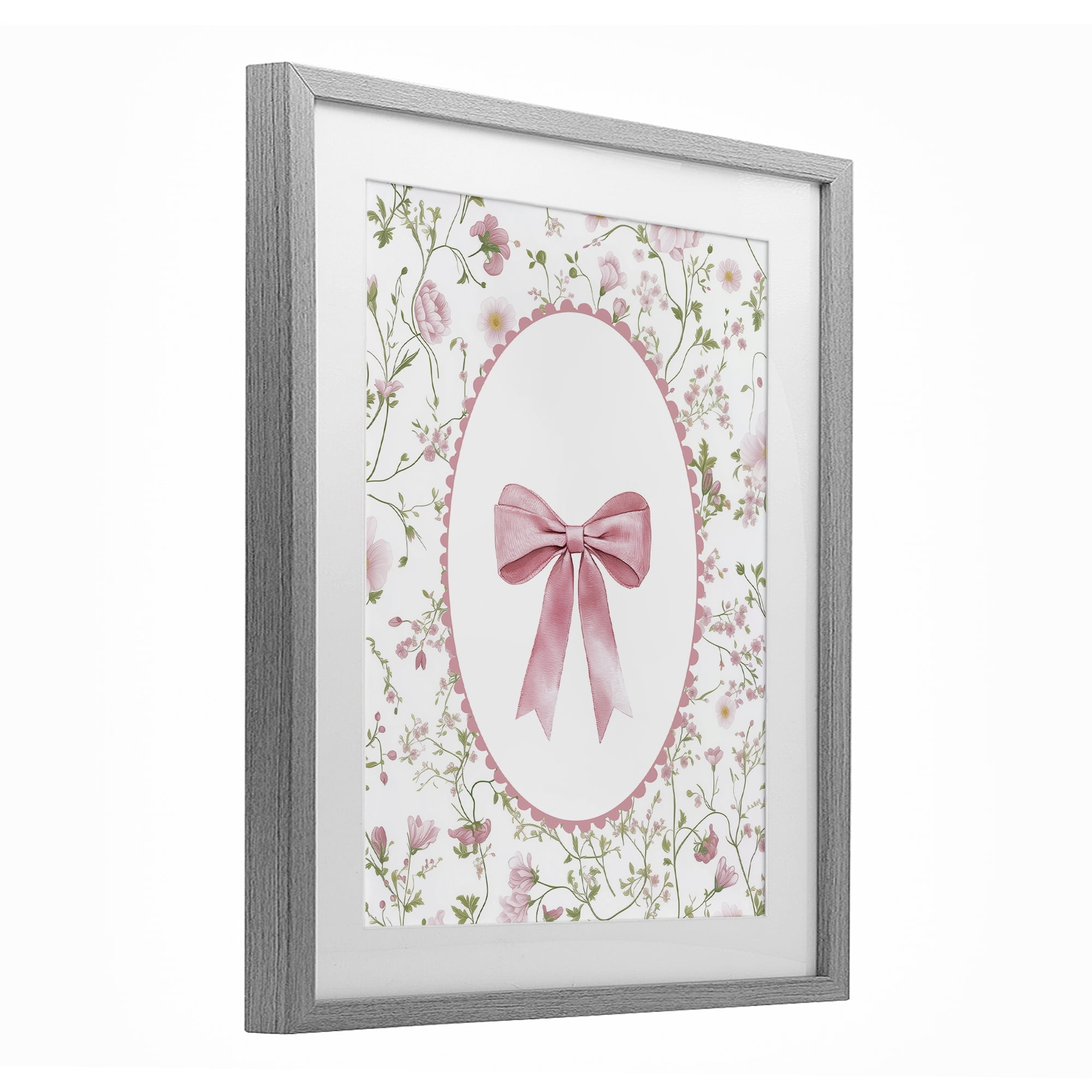 Delicate Florals & Bow Gray Framed Print Under Glass, design by Christine Simpson Art