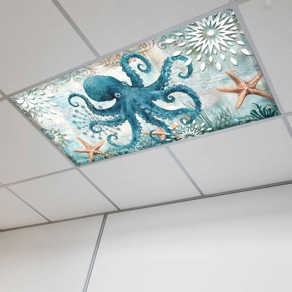 Coastal Octopus Fluorescent Light Covers, Teal Nautical Beach Starfish Vintage Magnetic Light Covers for Ceiling Lights, Fluorescent Ceiling Shade Filters for Classroom Bedroom Office 4x2Ft x 1PCS
