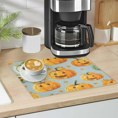 

Cute Pumpkin and Leaf Dish Drying Mat 12 x18 Kitchen Counter Dish Pad Microfiber Absorbent Drainer Rack for Coffee Bar