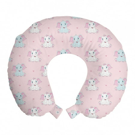 Pastel Travel Pillow Neck Rest, Pattern of Repeating Baby Elephants Smiling with Mini Hearts, Memory Foam Traveling Accessory Airplane and Car, 12", Rose Baby Pink, by Ambesonne