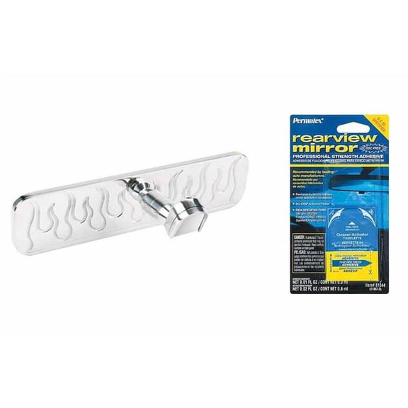 Speedway Motors Polished Billet Aluminum Flamed Interior Rearview Mirror and Rearview Mirror Glue for Easy Installation, 9-1/4 Inches Long and 2-3/8 Inches Wide