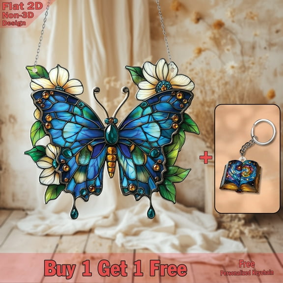 Blue Butterfly & Flowers - Stained Glass Style Sun Catcher - Unique Mother’s Day Gift - Elegant Window Hanging - Nature-Inspired Home & Garden Decor - Aesthetic & Whimsical Ornament